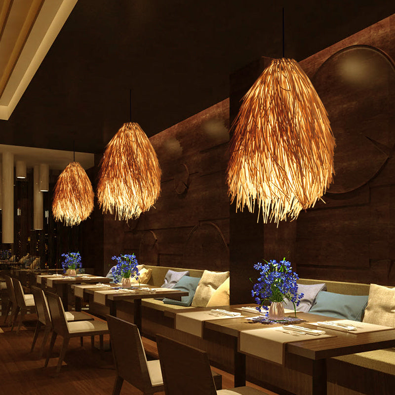 Gisalie - Lampe suspendue élégante en forme de larme beige Luminaire suspendu asiatique élégant en rotin à 1 ampoule pour restaurant