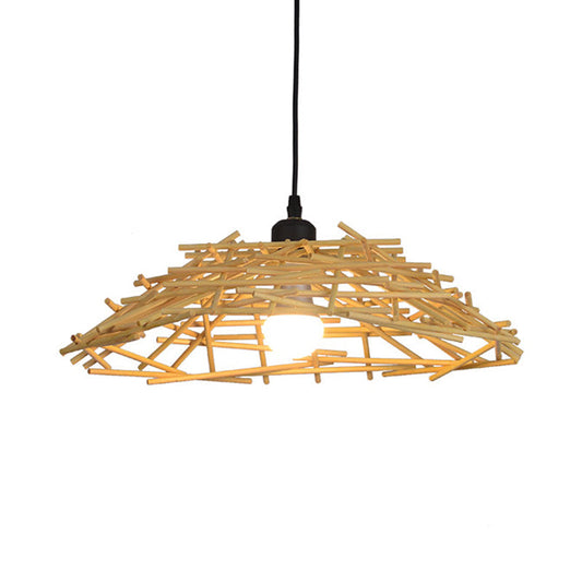 Sleek 13/18 Wood Bird Nest Pendant Light: Japanese Style Bamboo Hanging Lamp For Bedroom & Dining