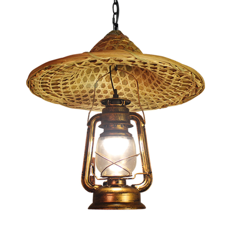 Country Style Metal Lantern Hanging Light - Beige Pendant with Rattan Hat Design, 12"/23.5" Width, 1 Bulb