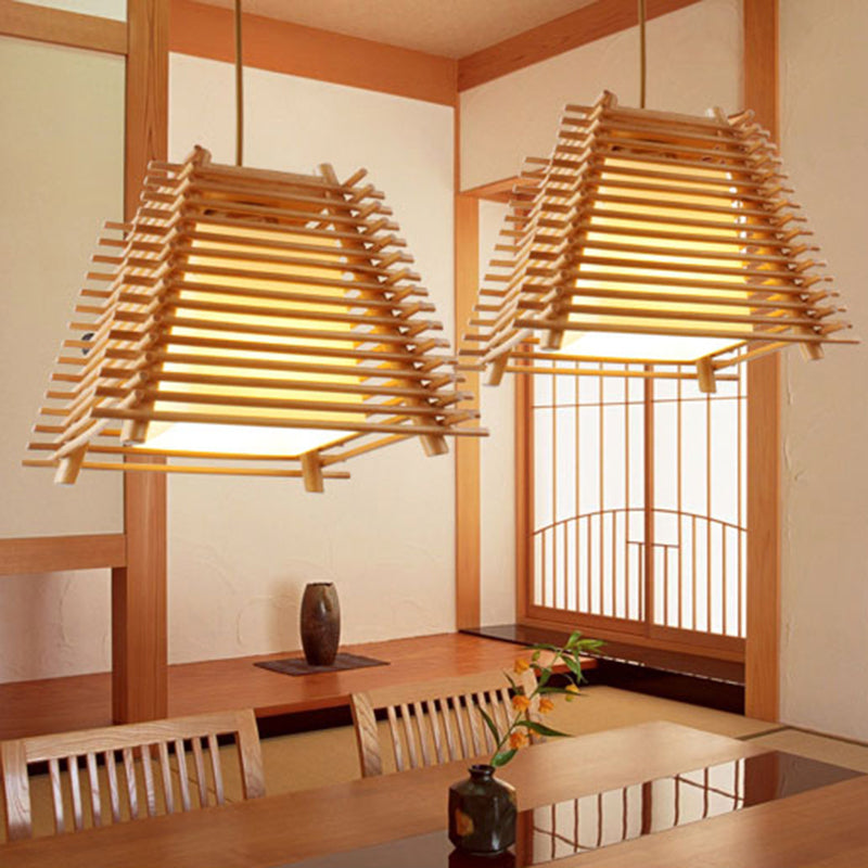 Suspension trapézoïdale japonaise en bois avec abat-jour en verre blanc - Luminaire suspendu en bois à 1 lampe pour chambre à coucher