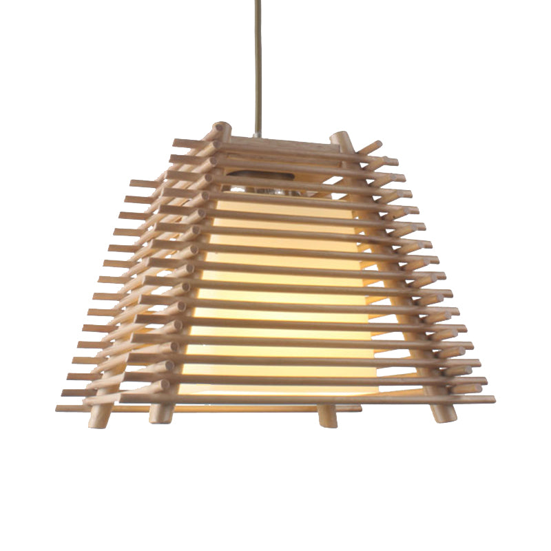 Japanese Wood Trapezoid Suspension Pendant With 1-Light White Glass Shade For Bedroom