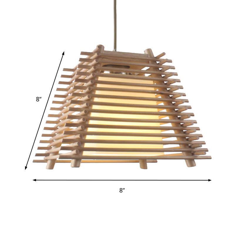 Japanese Wood Trapezoid Suspension Pendant With 1-Light White Glass Shade For Bedroom