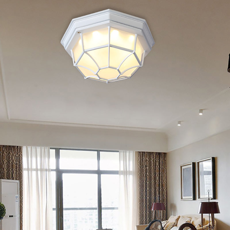 White Geometric Flush Ceiling Mount Light Fixture - Industrial Frosted Glass for Bedroom (9.5"/10" Wide)