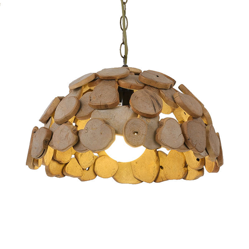 Vintage Wooden Dome Pendant Light With Adjustable Chain - Natural Wood Single-Light Hanging Lamp