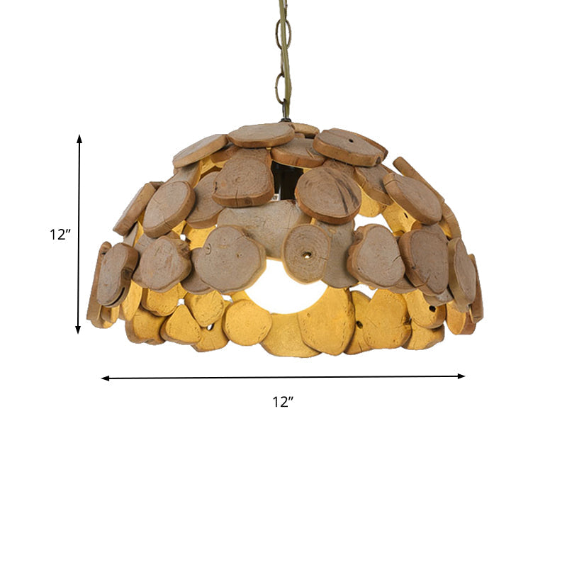 Vintage Wooden Dome Pendant Light With Adjustable Chain - Natural Wood Single-Light Hanging Lamp