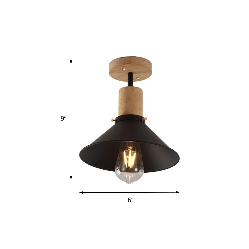 Plafonnier semi-encastré conique en métal avec auvent en bois - Style loft, 1 ampoule, 8"/10" de large, noir