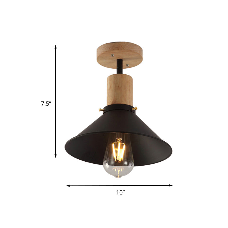 Plafonnier semi-encastré conique en métal avec auvent en bois - Style loft, 1 ampoule, 8"/10" de large, noir