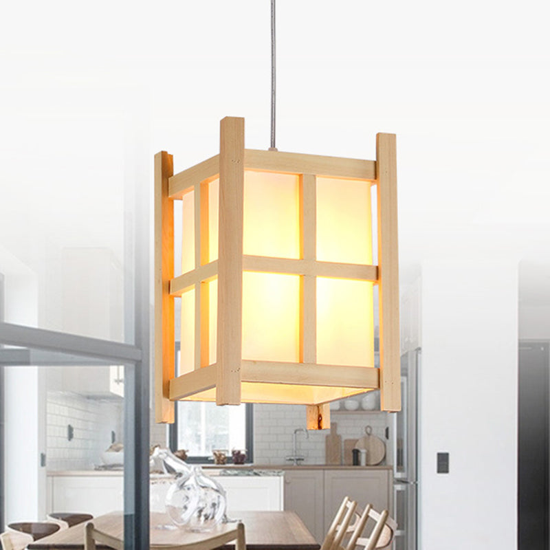 Asian Wooden Pendant Light With Paper Shade For Restaurant Beige