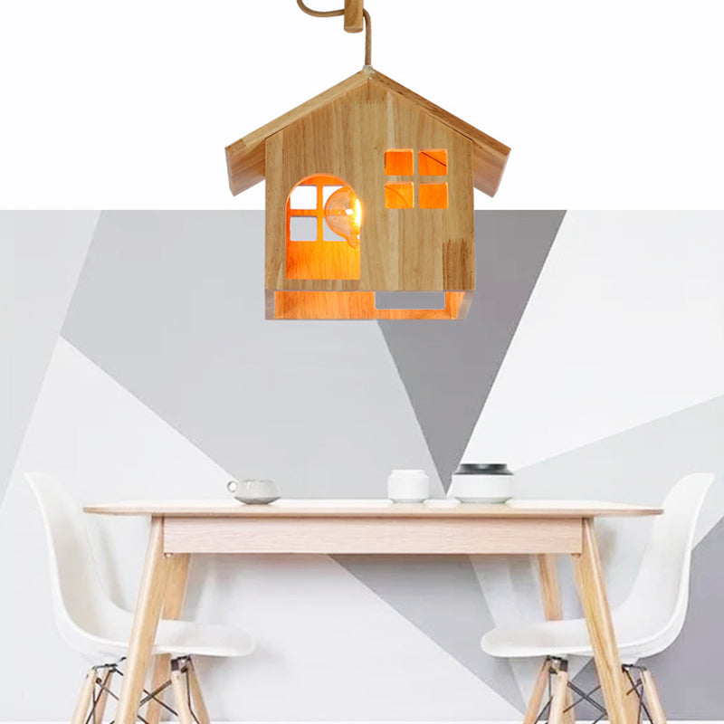 Modern Wooden House Pendant Lamp - 1-Light Natural Wood Hanging Light for Dining Room with Adjustable Cord