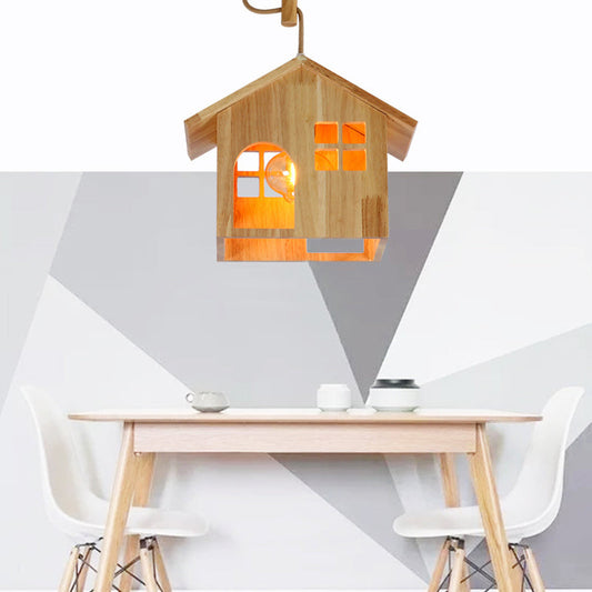 Modern Wooden House Pendant Lamp - 1-Light Natural Wood Hanging Light for Dining Room with Adjustable Cord