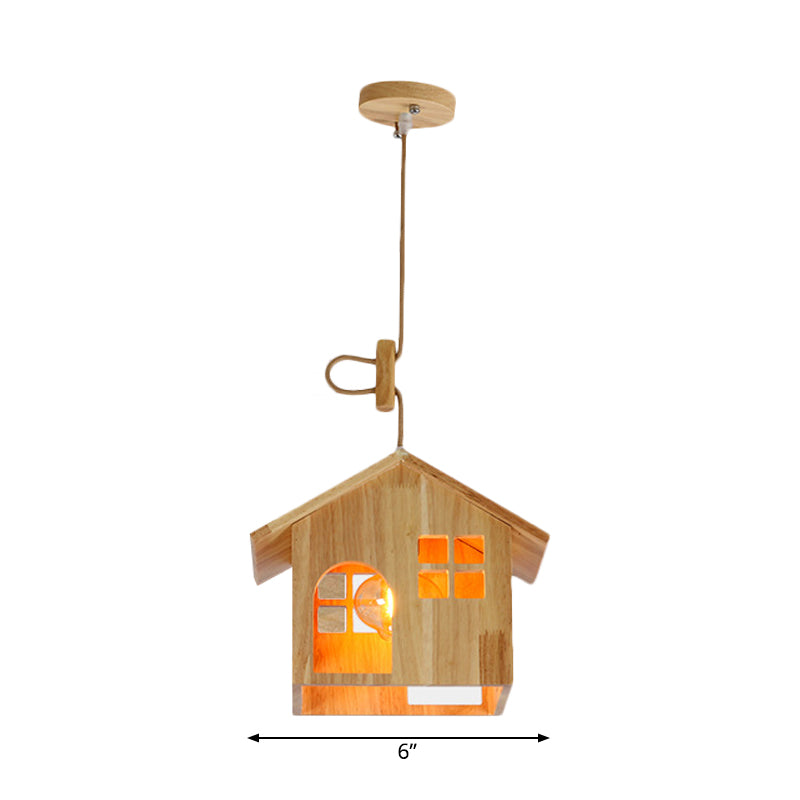 Modern Wooden House Shaped Pendant Lamp With Adjustable Cord - Natural Wood 1-Light Hanging Light