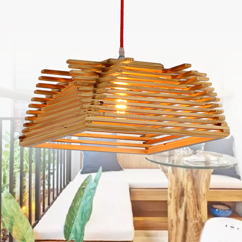 Asian Inspired Wooden Square Pendant Light With Adjustable Cord - 1-Light Beige Hanging Lamp For