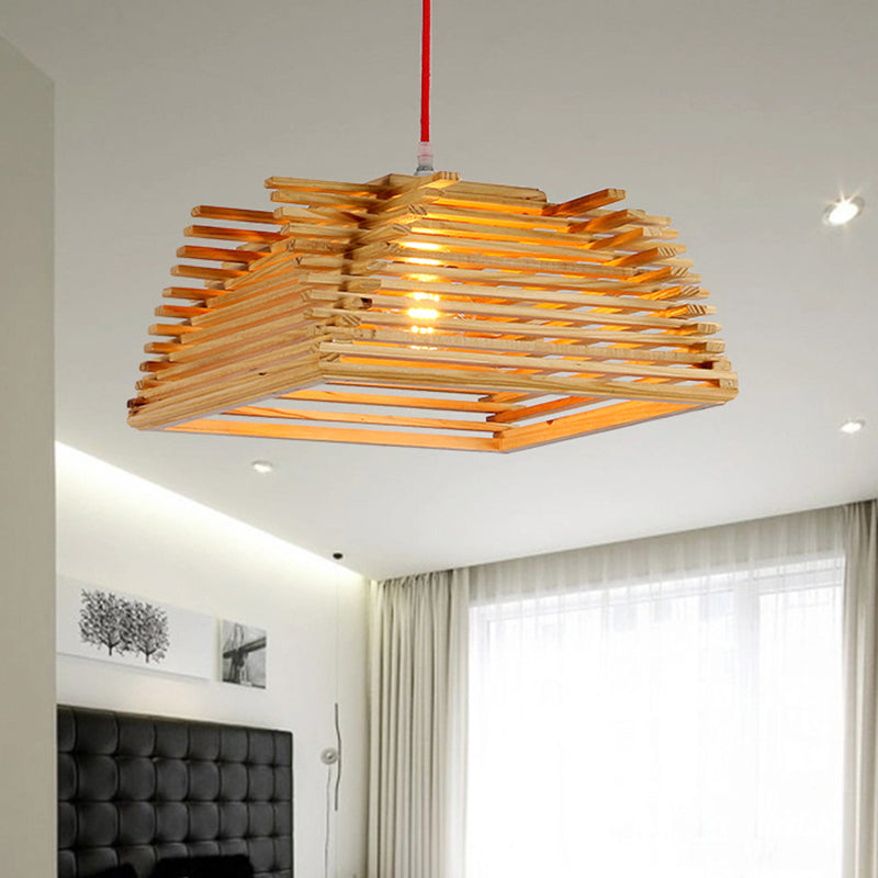 Asian Inspired Wooden Square Pendant Light With Adjustable Cord - 1-Light Beige Hanging Lamp For
