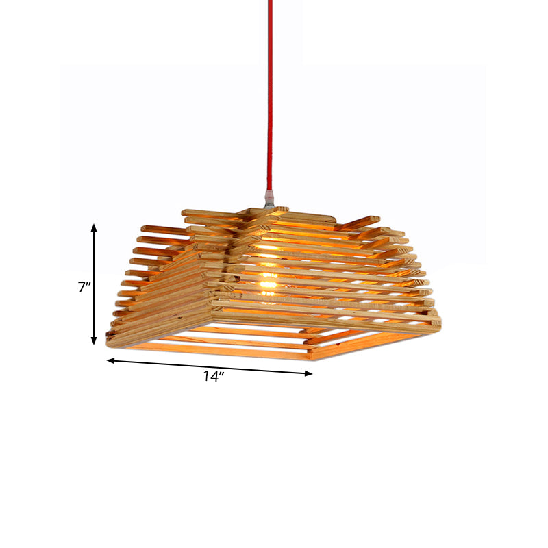 Asian Inspired Wooden Square Pendant Light With Adjustable Cord - 1-Light Beige Hanging Lamp For