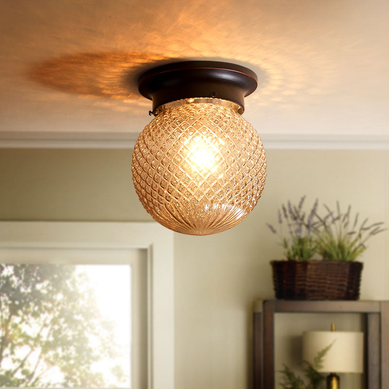 Industrial Black/Clear Glass Flush Mount Lighting Fixture, 6"/6.5" Wide