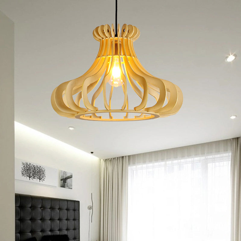 Modern Onion-Shaped Pendant Wood 1-Light Hanging Lamp - Beige