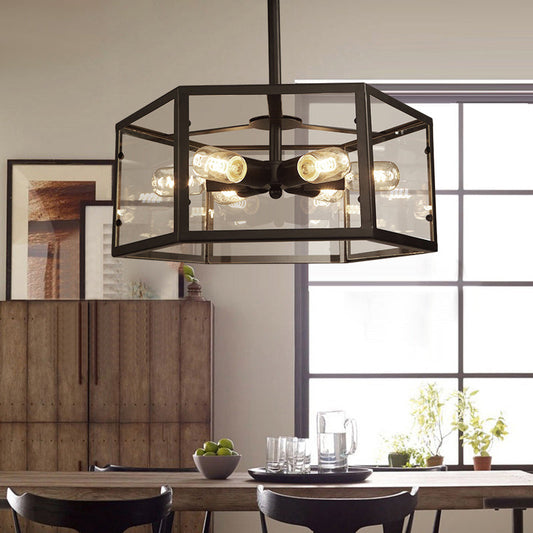 Vintage Geometric Clear Glass Ceiling Light with 6 Bulbs - Black Semi Flush Mount for Kitchen