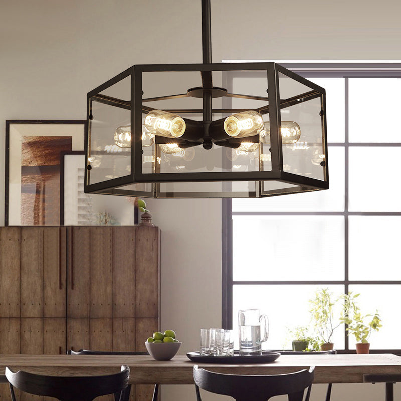 Vintage Geometric Clear Glass Ceiling Light With 6 Bulbs - Black Semi Flush Mount For Kitchen / B