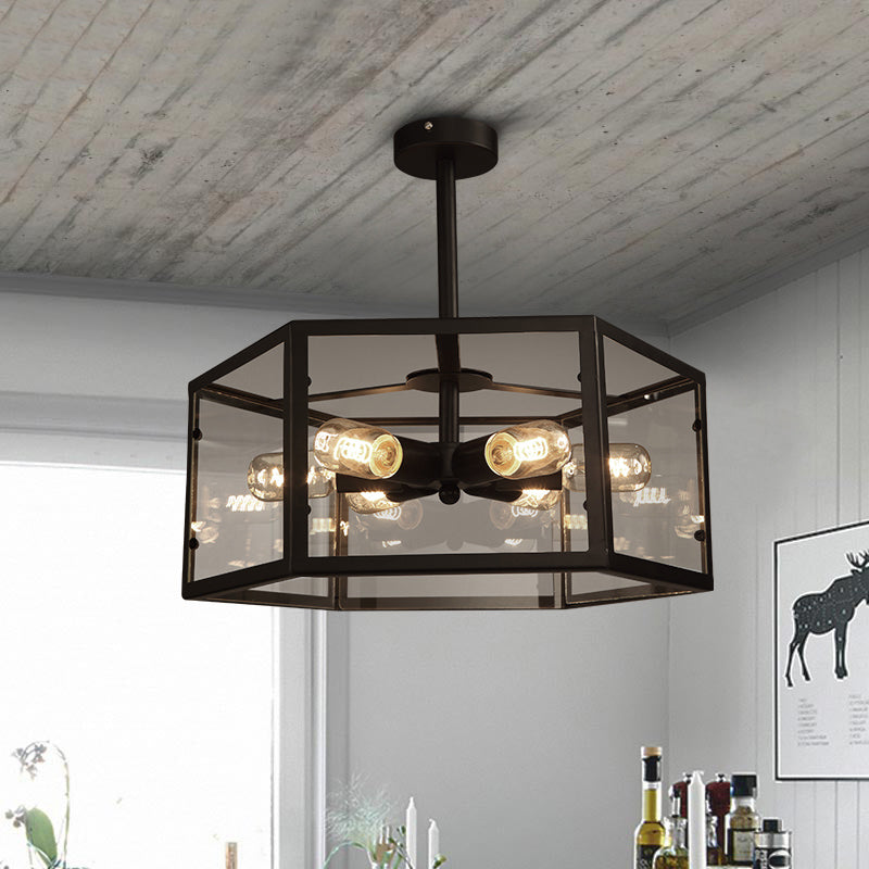 Vintage Geometric Clear Glass Ceiling Light with 6 Bulbs - Black Semi Flush Mount for Kitchen