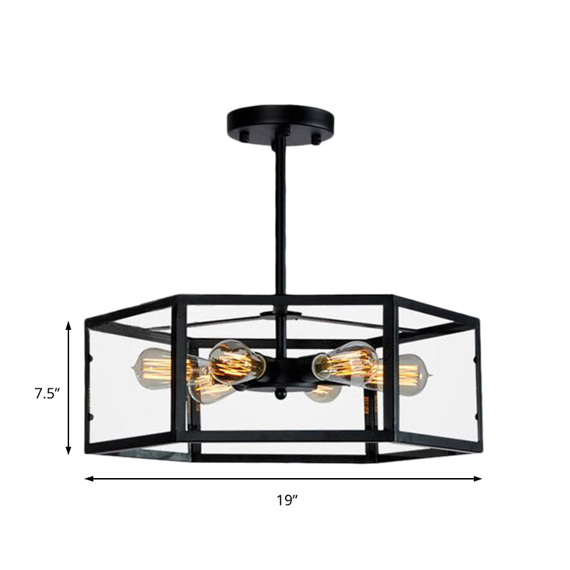 Vintage Geometric Clear Glass Ceiling Light with 6 Bulbs - Black Semi Flush Mount for Kitchen