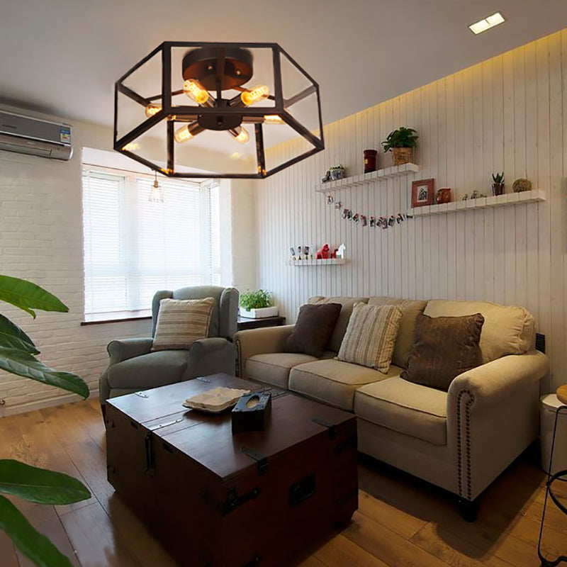 Vintage Geometric Clear Glass Ceiling Light with 6 Bulbs - Black Semi Flush Mount for Kitchen