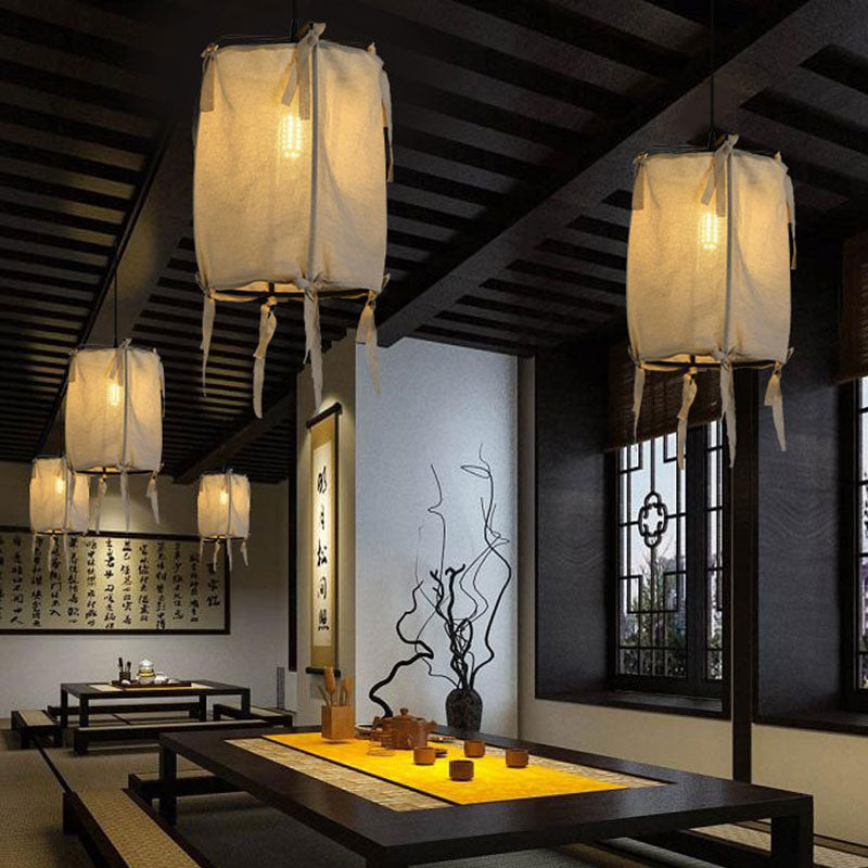 Modern Fabric Lantern Pendant Light for Restaurant - 1 Light, White, 3 Width Options