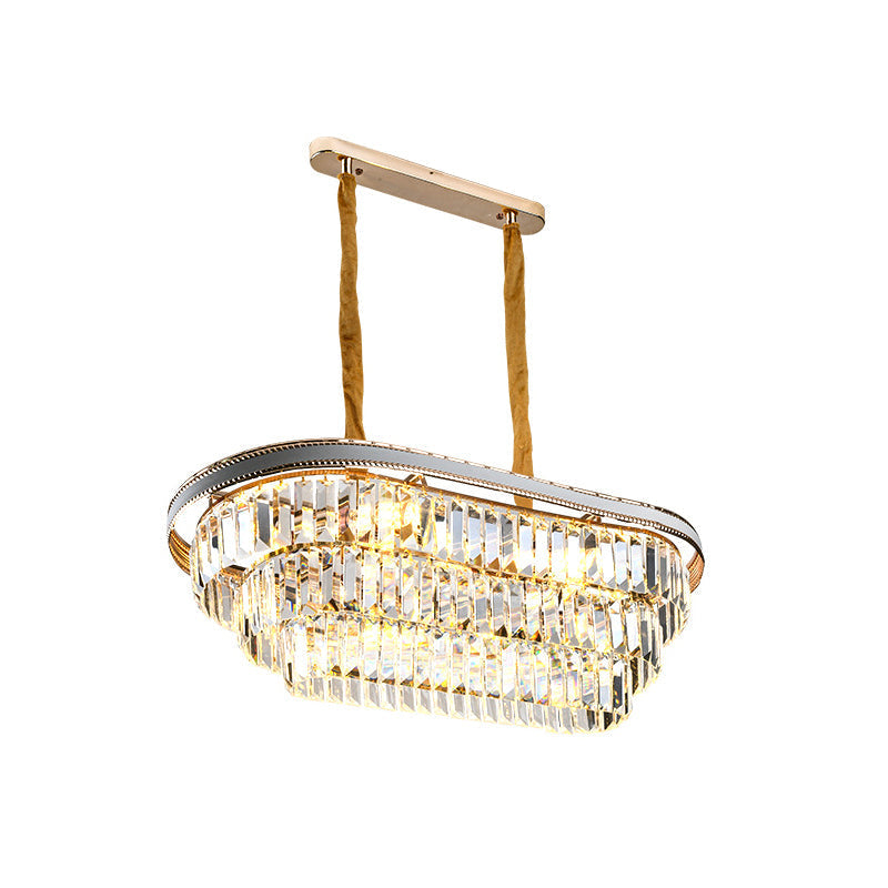 Contemporary 3-Tier Oval Island Pendant With Clear Crystal - 8 Head Living Room Hanging Lamp