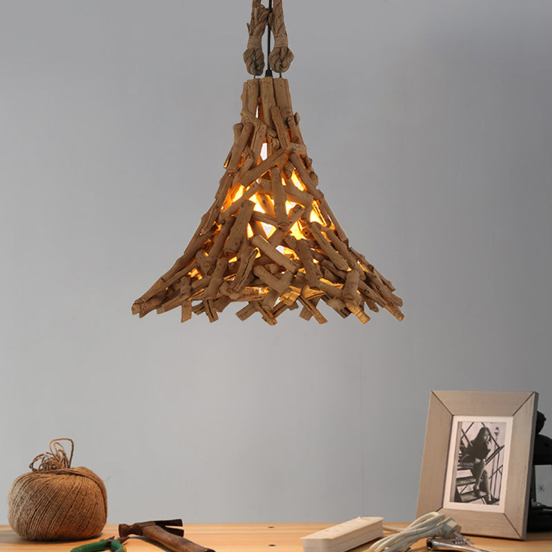 Flared Hanging Light Rustic Pendant With Wood Stick Design 1-Light Suspension In Beige - Indoor Use