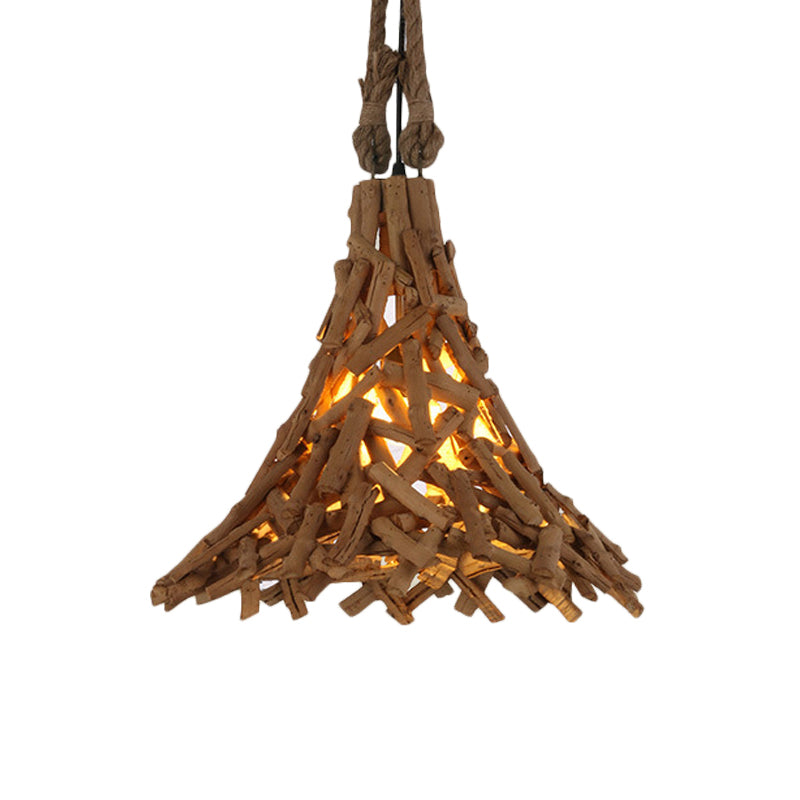 Flared Hanging Light Rustic Pendant With Wood Stick Design 1-Light Suspension In Beige - Indoor Use