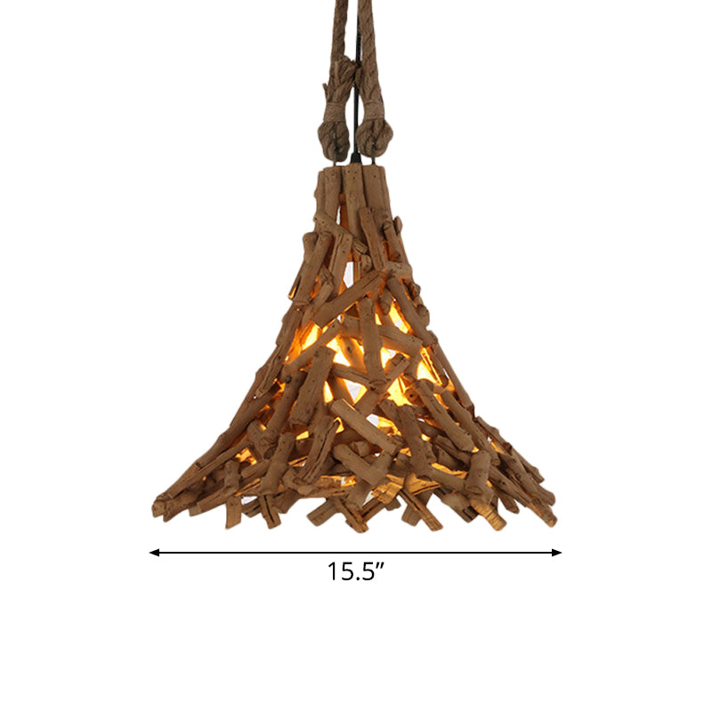 Flared Hanging Light Rustic Pendant With Wood Stick Design 1-Light Suspension In Beige - Indoor Use