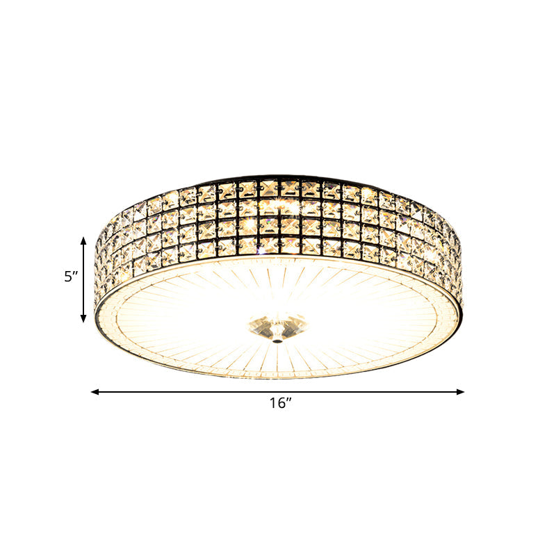 Modern LED Flush Mount Lamp with Clear Crystal Drum Shade - 16"/19.5" Width - Bedchamber Ceiling Light Fixture