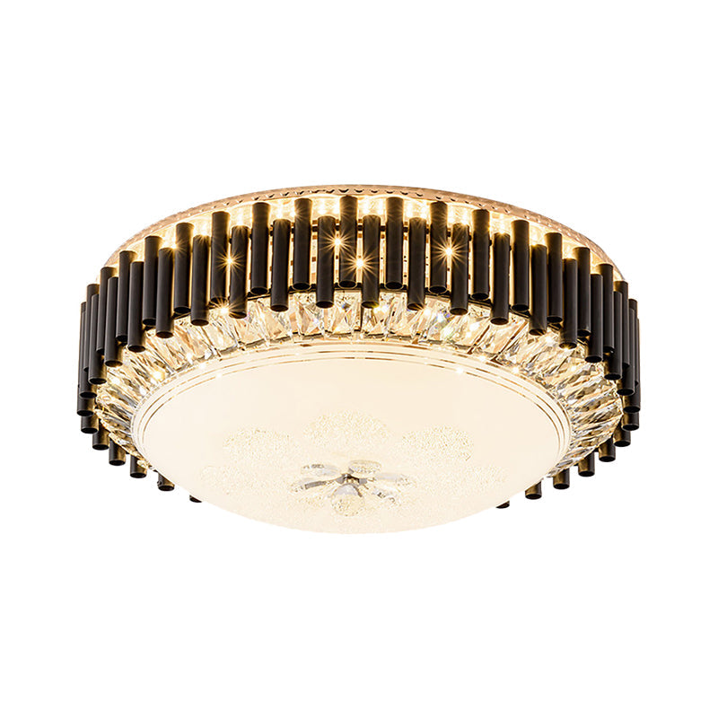 Contemporary Crystal LED Black Flush Ceiling Light with Chimes - Bedroom Bowl Fixture