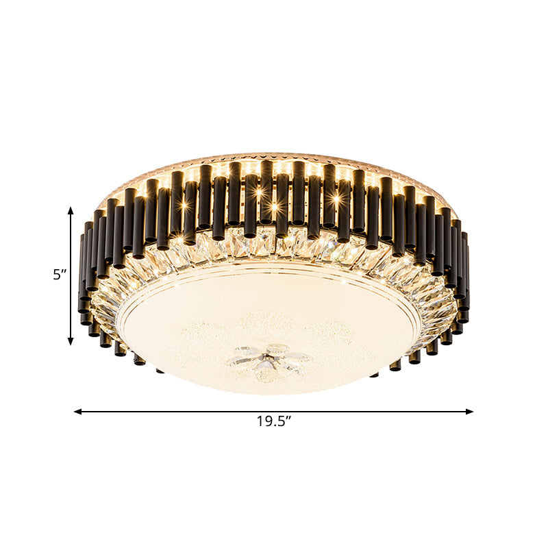 Contemporary Crystal LED Black Flush Ceiling Light with Chimes - Bedroom Bowl Fixture