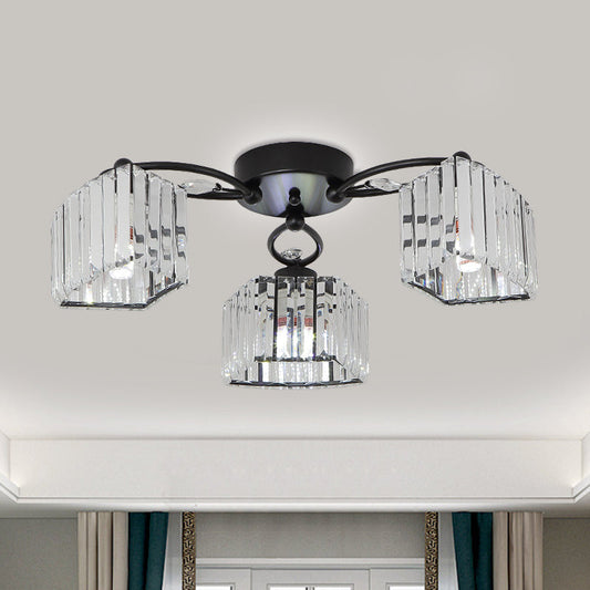 Modern Semi Flush Mount with Clear Crystals and Sleek Black Finish - 3/6 Heads Trapezoid Design