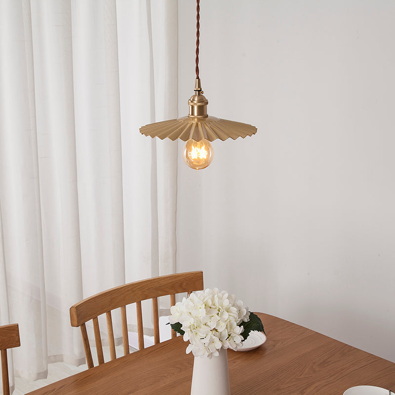 Vintage Industrial Brass Pendant Light - Scalloped Hanging Lamp for Dining Table
