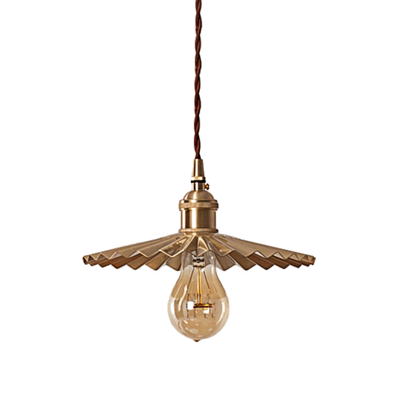 Vintage Industrial Scalloped Brass Pendant Light For Dining Table - 1-Head Metallic Hanging Lamp