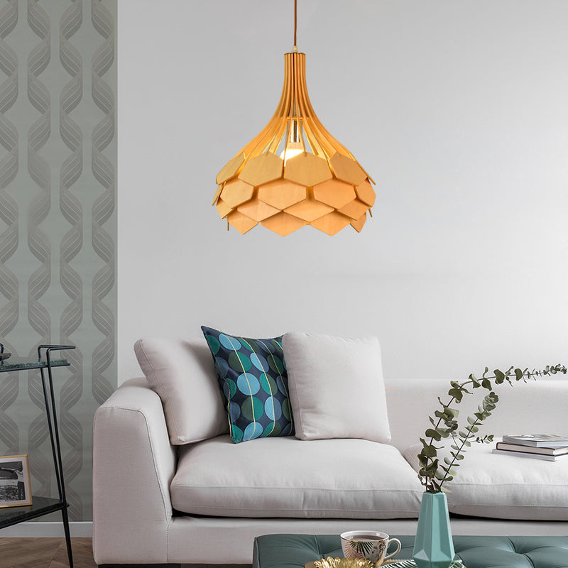 Modern Pine Cone Hanging Light Fixture - Wood Pendant Lamp For Dining Room With Red/Blue 1 Bulb