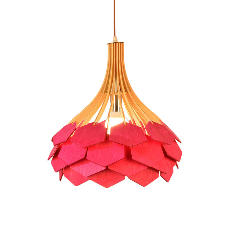 Modern Wood Pine Cone Pendant Lamp - Red/Blue 1-Bulb Hanging Light Fixture for Dining Room