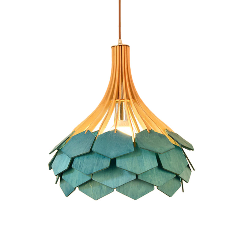 Modern Wood Pine Cone Pendant Lamp - Red/Blue 1-Bulb Hanging Light Fixture for Dining Room