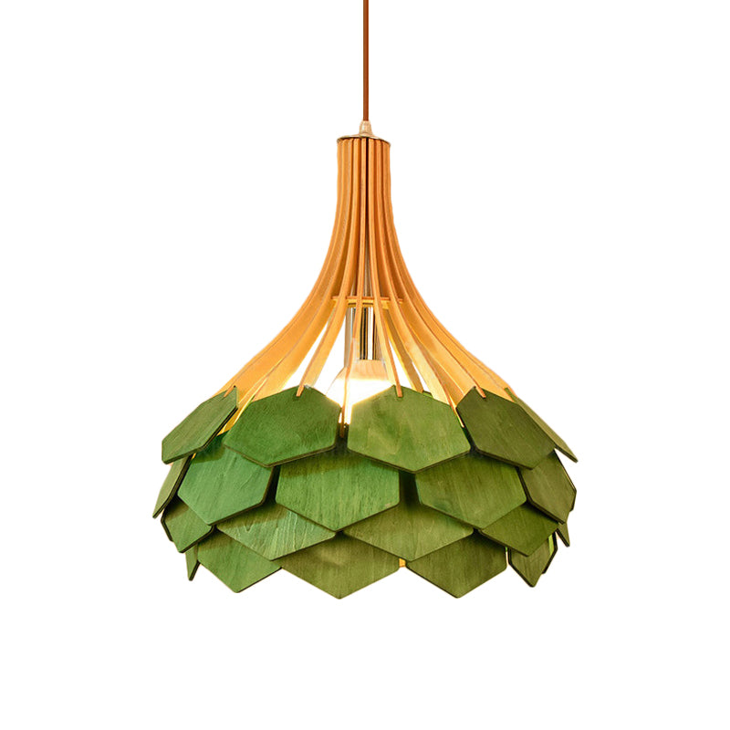 Modern Pine Cone Hanging Light Fixture - Wood Pendant Lamp For Dining Room With Red/Blue 1 Bulb