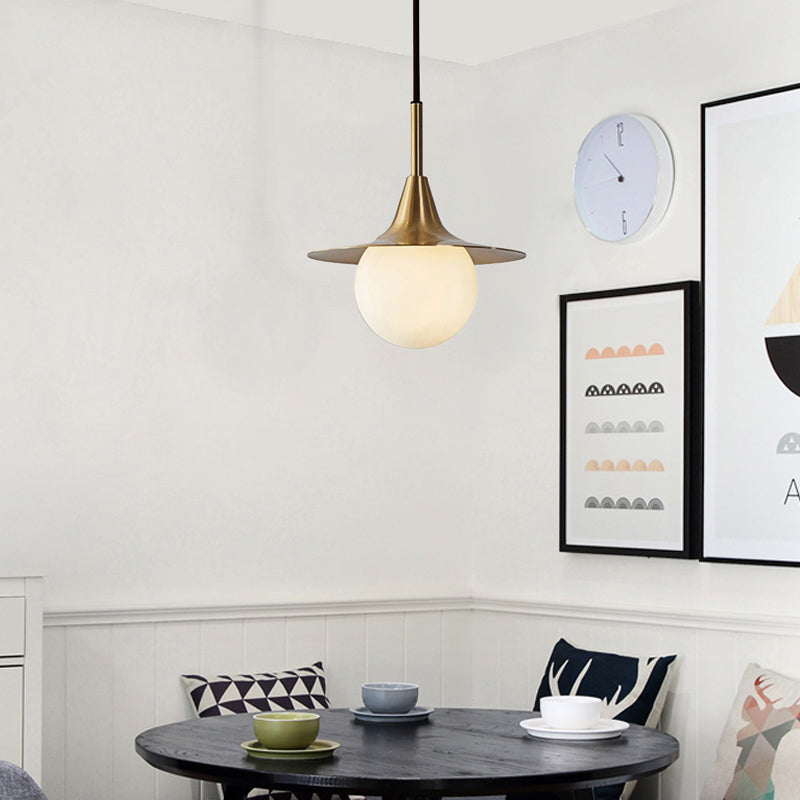 Mid Century Brass Ceiling Pendant Light with Milk Glass Ball Shade - Stylish Hanging Lamp for Dining Table