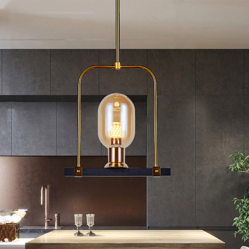 Modern Amber Glass Pendant Light with Bird Cage Design - Oval Shape, Single Bulb, Black/Gold