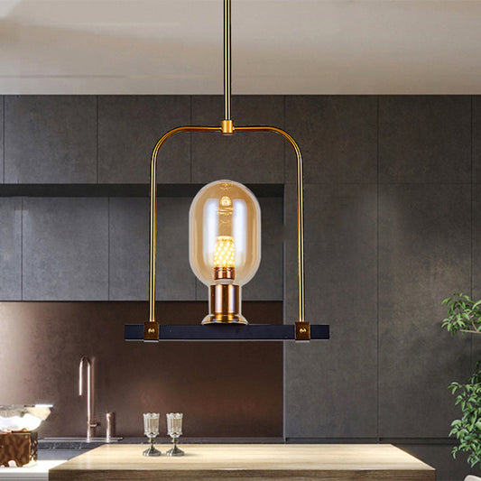 Modern Amber Glass Pendant Light with Bird Cage Design - Oval Shape, Single Bulb, Black/Gold