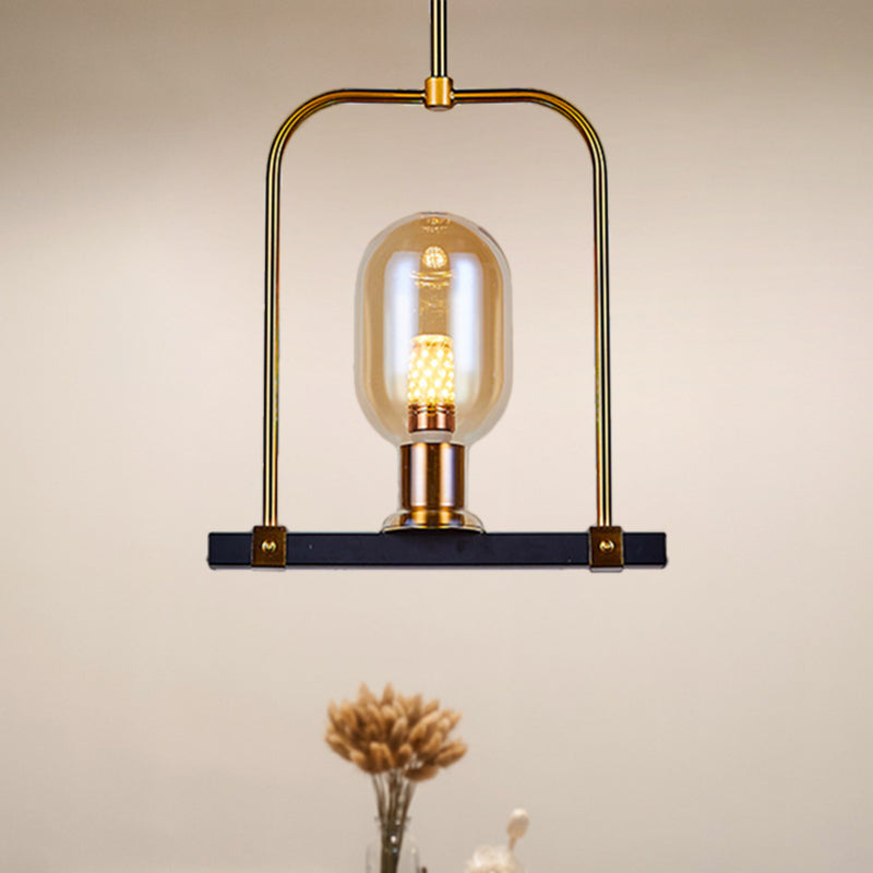 Modern Amber Glass Pendant Light with Bird Cage Design - Oval Shape, Single Bulb, Black/Gold