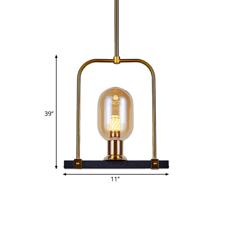 Modern Amber Glass Pendant Light with Bird Cage Design - Oval Shape, Single Bulb, Black/Gold