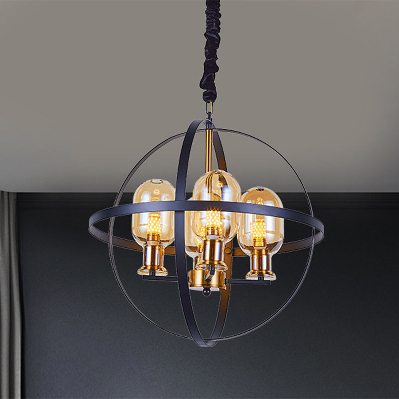 Contemporary Amber Glass Pendant Chandelier with Orb Frame Design - 4/6-Light Suspension Lamp in Black-Gold