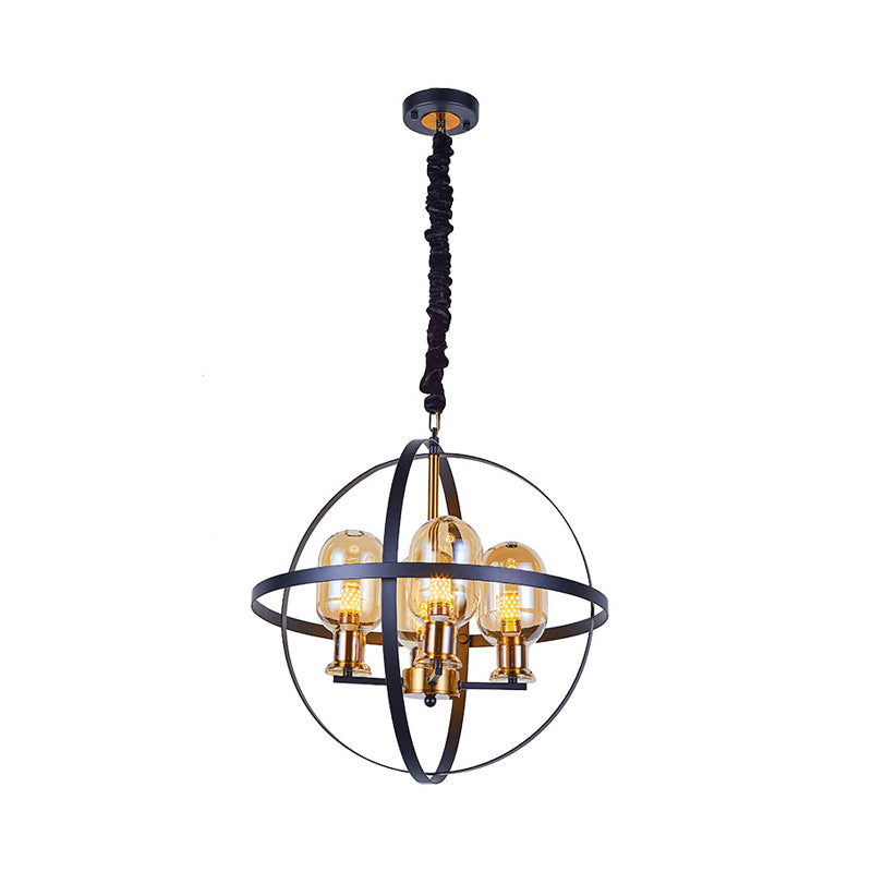 Contemporary 4/6-Light Amber Glass Pendant Chandelier: Black-Gold Suspension Lamp With Orb Frame