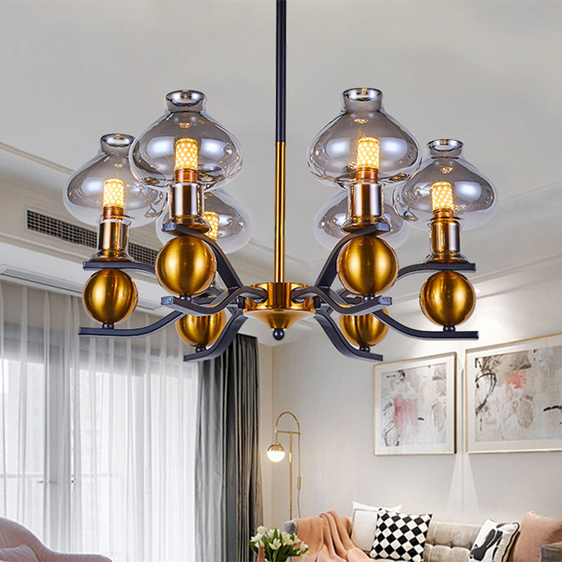 Lustre suspendu en verre gris fumé : forme de pot simple, éclairage vers le bas à 6/8 ampoules pour le salon, bras incurvé noir et doré