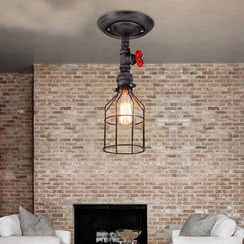 Semi Flush Mount Warehouse Wire Cage Light with Valve Wheel - 1 Bulb Wrought Iron Ceiling Lighting, Aged Silver Finish