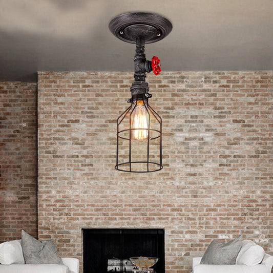 Semi Flush Mount Warehouse Wire Cage Light with Valve Wheel - 1 Bulb Wrought Iron Ceiling Lighting, Aged Silver Finish